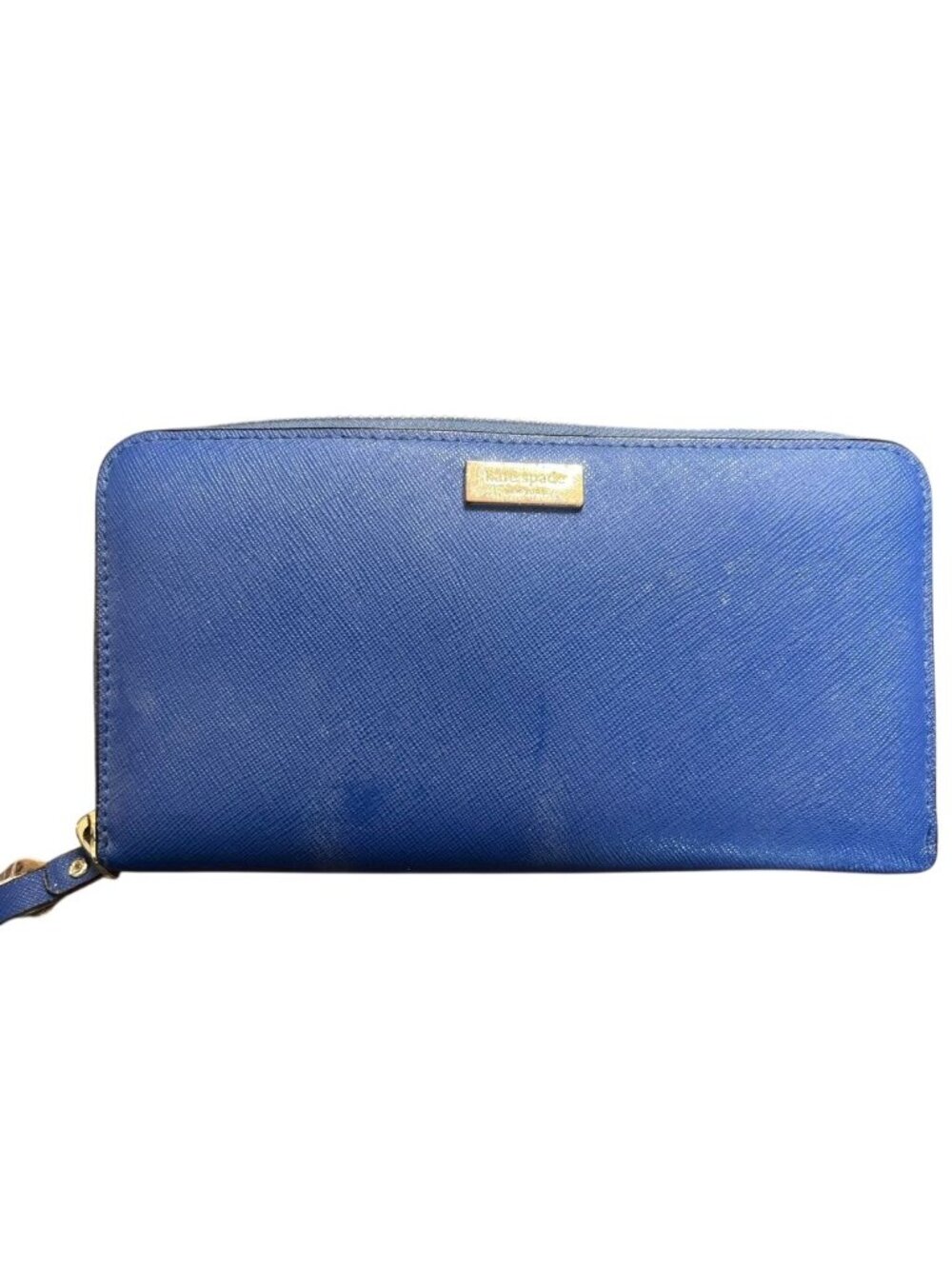 Kate Spade New York Blue Saffiano Leather Zip-Around Wallet With Polka Dot Inter